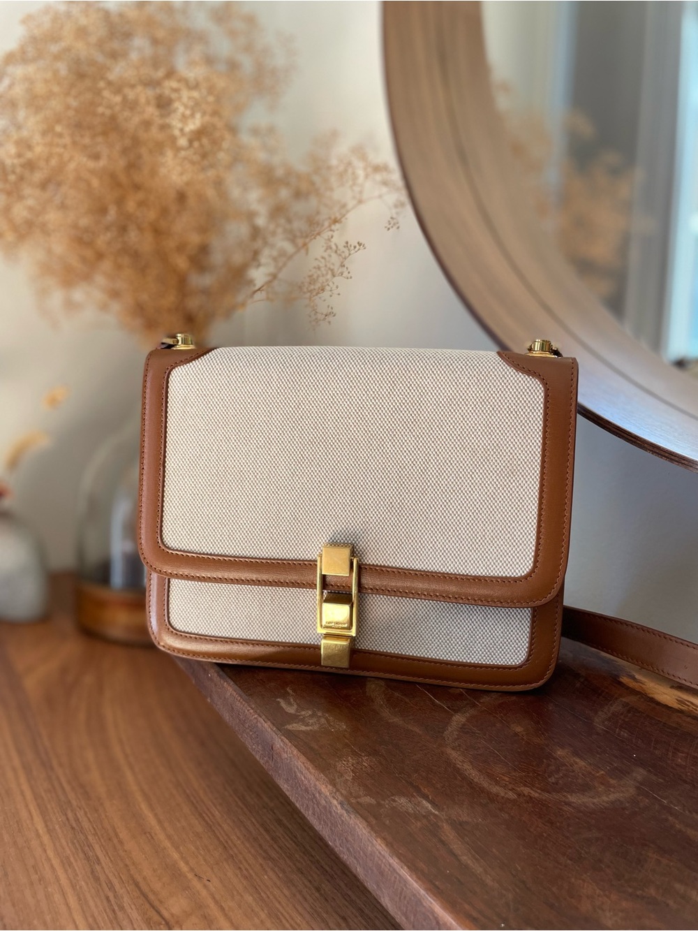 Saint Laurent Carré Canvas Satchel Crossbody Bag – Beige Canvas & Cognac Leather - Picture 1 of 11